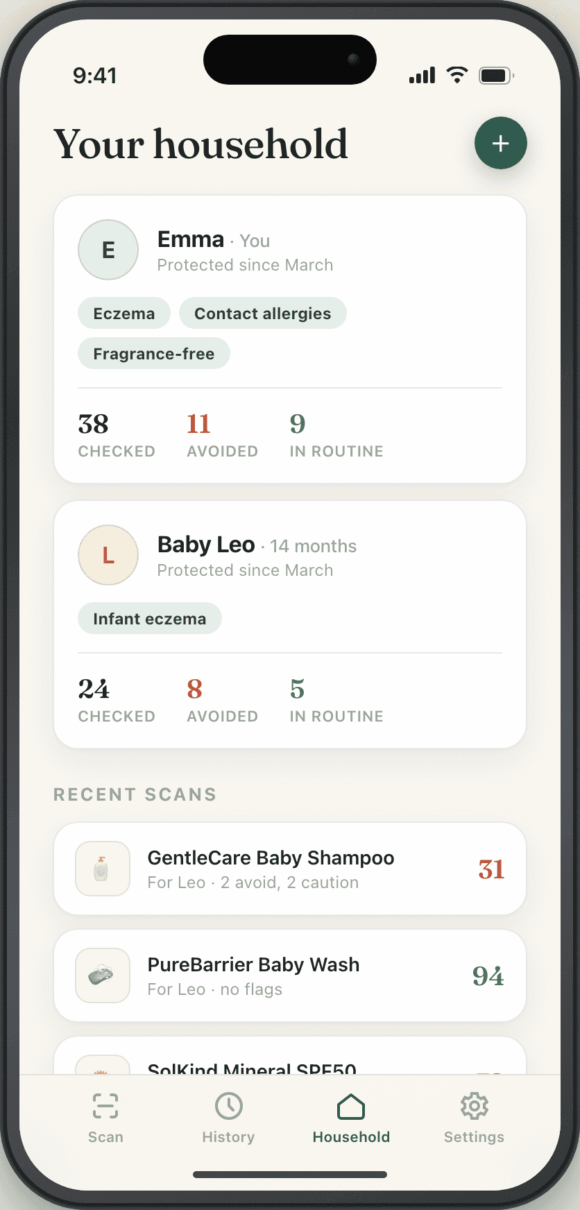 Suited household screen — Emma with eczema and contact allergies, Baby Leo with infant eczema, each with their own scan history