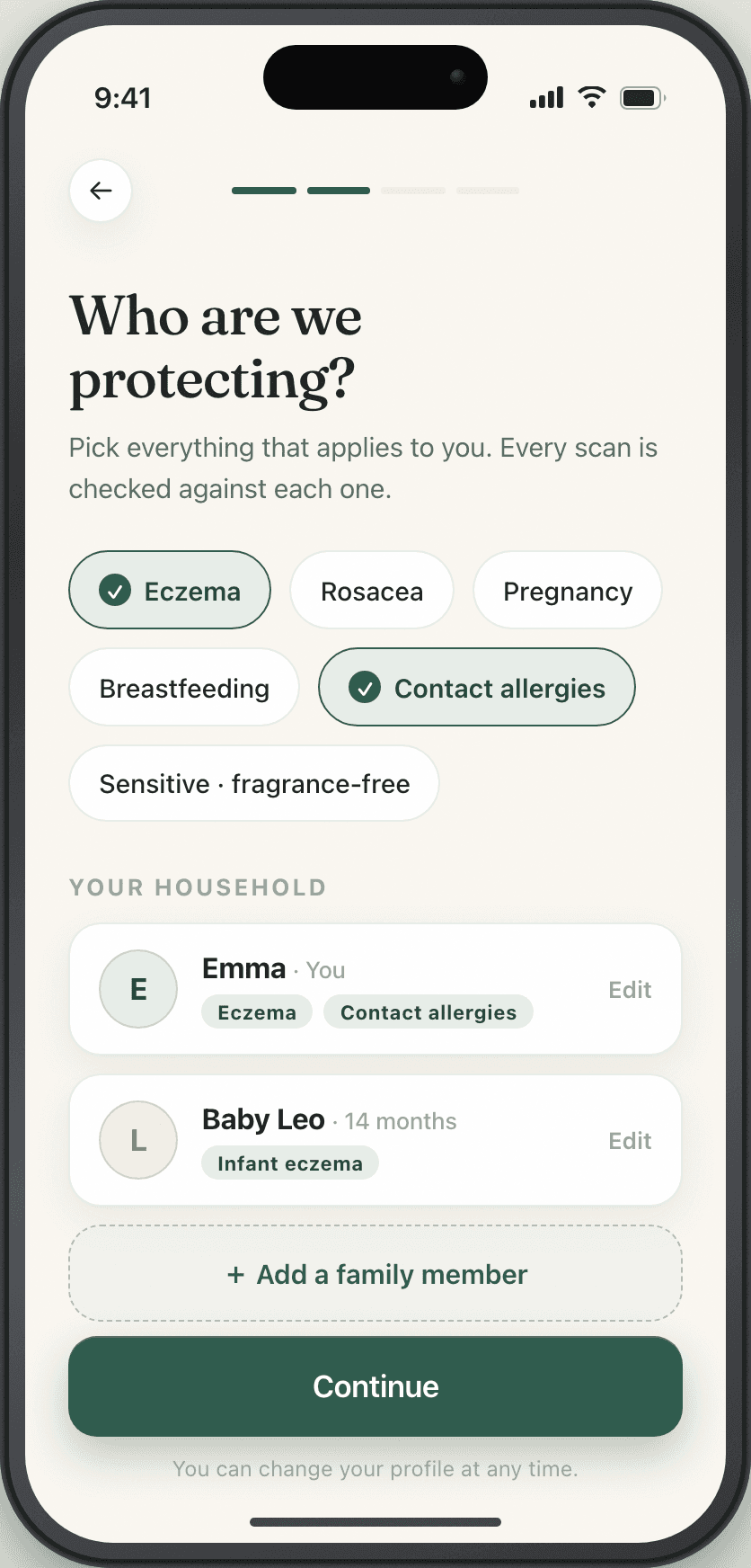 Suited profile builder — pick your conditions and add family members